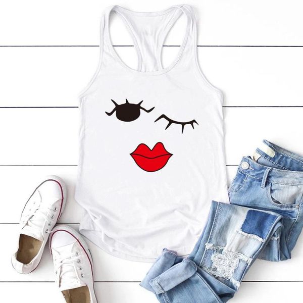

women's tanks & camis 2021 eyes and red lips printing tank women sleeveless summer vest graphic crew neck womens plus size ropa mu, White