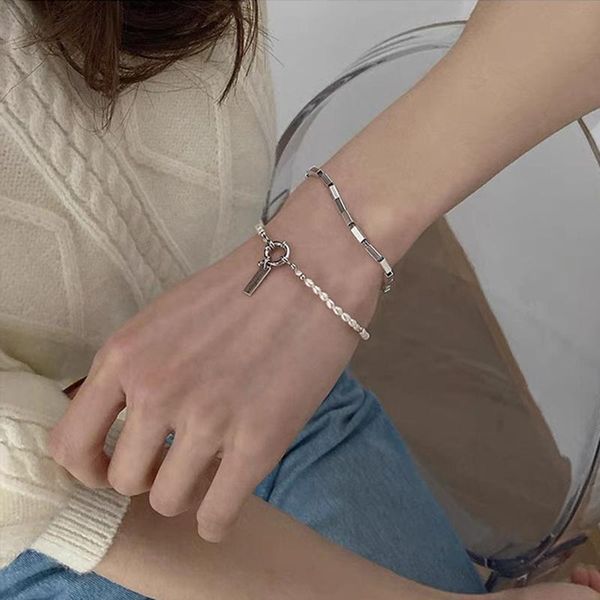 

charm bracelets simple fashion letter pendant pearl beaded bracelet for women geometric rectangular girls hand jewelry good gifts, Golden;silver