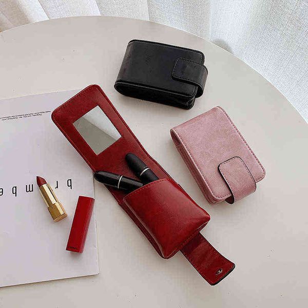 Nxy Cosmetic Bags Fashon помада мини-коробки хранения путешествия PU кожаный макияж с зеркалом для губных палочек 220302