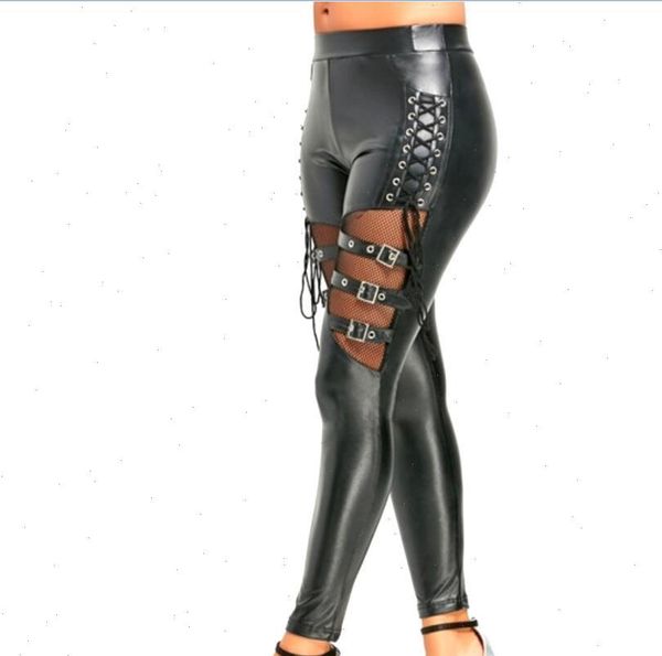 

kh66 women pant fashion faux leather pants pu legging back adjust hip legs pencil patchwork thigh ladies trousers, Black;white