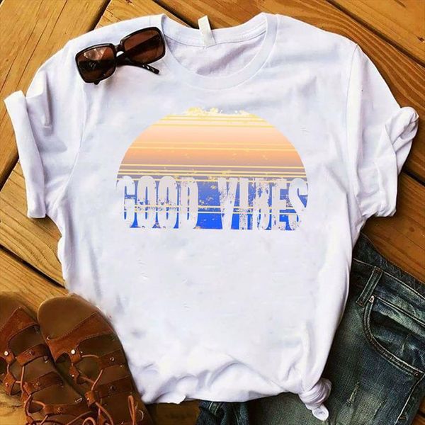 

good vibes printed short sleeve womens t shirts loose tee clothes graphic, White