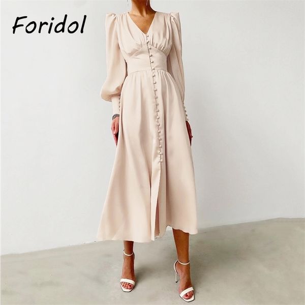 

foridol lantern sleeve satin vintage long dress women button up elegant maxi silk party spring autumn ladies 210415, Black;gray