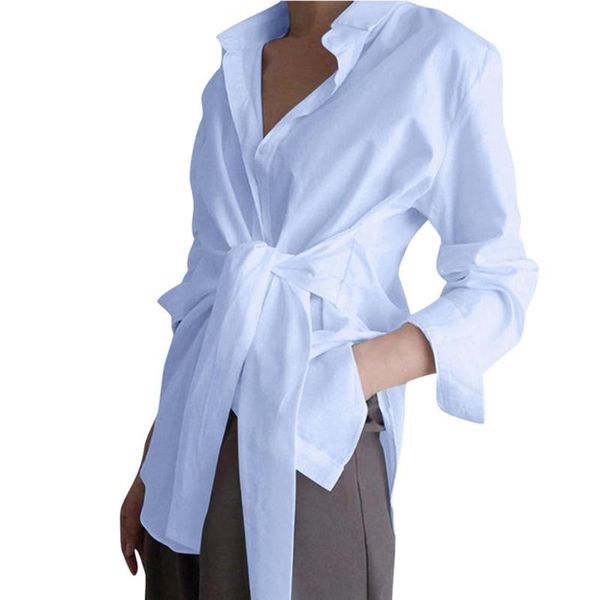 

women's blouses & shirts women shirt fashion turn down collar waist lacing buttons asymmetric blouse pullover asymmetrical, White