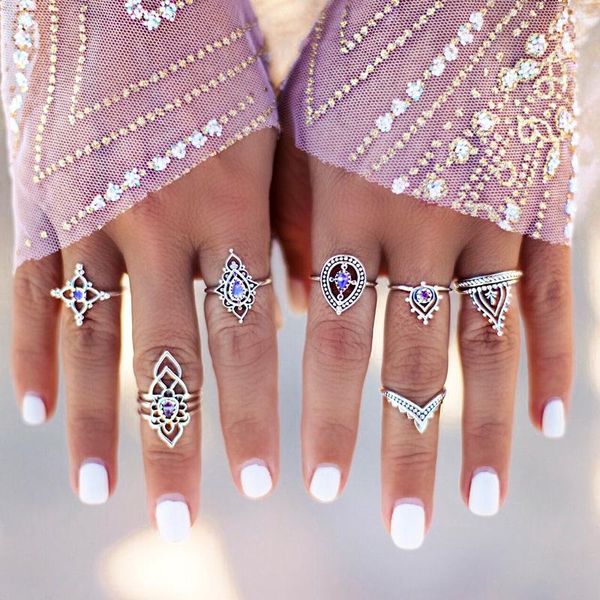 

wedding rings 7pcs/set western bohemian crown flower purple opal ring set rhinestone knuckle ladies jewelry, Slivery;golden