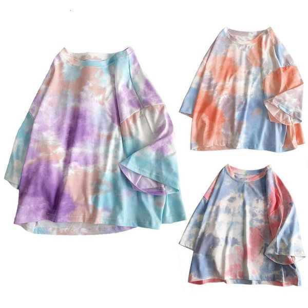 

women's t-shirt women casual loose summer gradient tie-dye printed tunic crew neck oversized pullover short sleeve streetwear bzfd, White