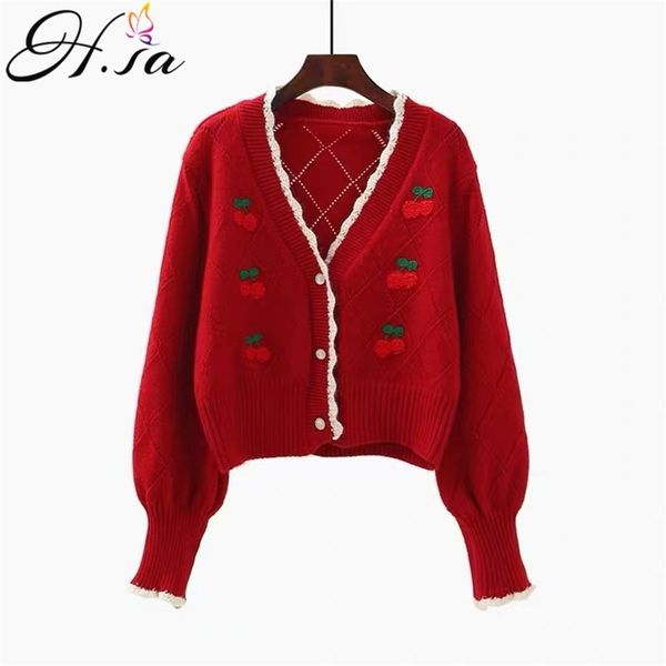 

women knit cardigans cherry embroidery casual sweater poncho cute ruffles jacket argyle fruit clothing 210430, White