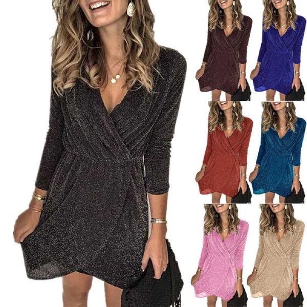 

casual dresses party secy v-nevk mini dress women wrap clubwear long sleeve high waist solid color female shine short, Black;gray
