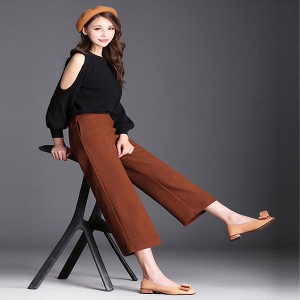 

women's pants & capris women woolen wide leg ankle-length high waist loose pantalon plus size 6xl 5xl s brown black female, Black;white