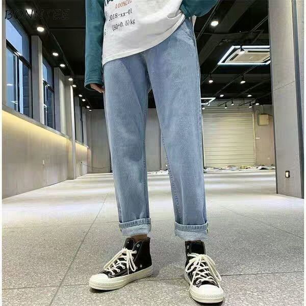 

men's jeans men solid fashion ankle-length loose casual korean style chic all-match simple teens straight denim trousers daily jz20, Blue