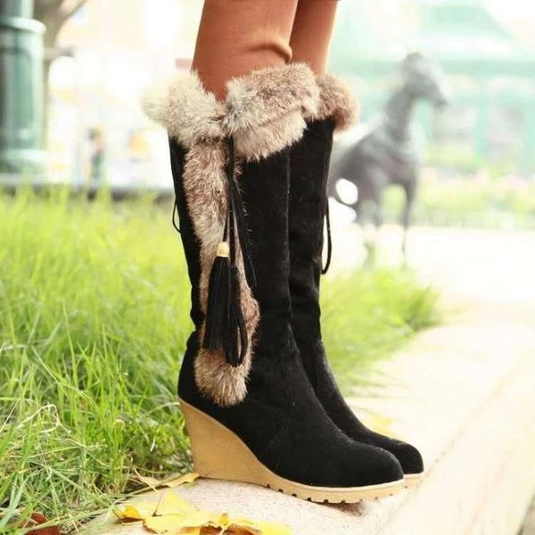 

boots winter snow plush women's cotton slope heel knee boot 2021 large wedge high warm tassel lady shoes, Black