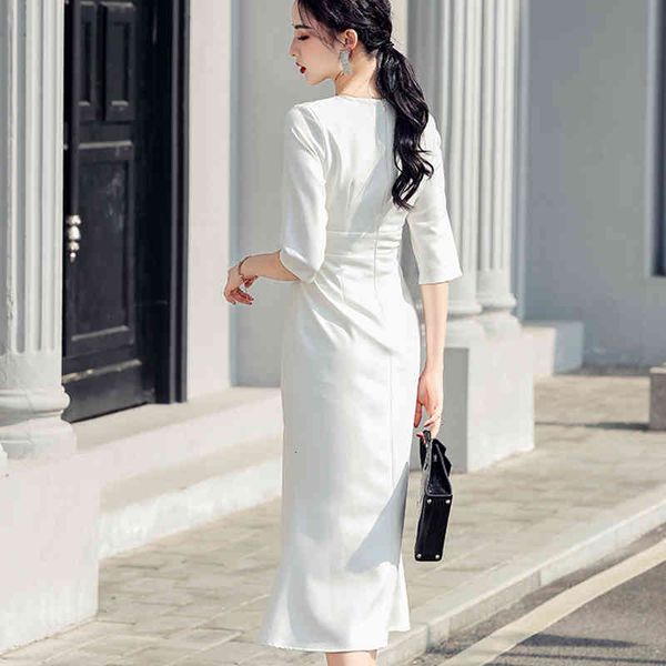 

dresses 2021 korean spring women's white v-neck es split single breasted mermaid elegant simple office vestidos, Black;gray
