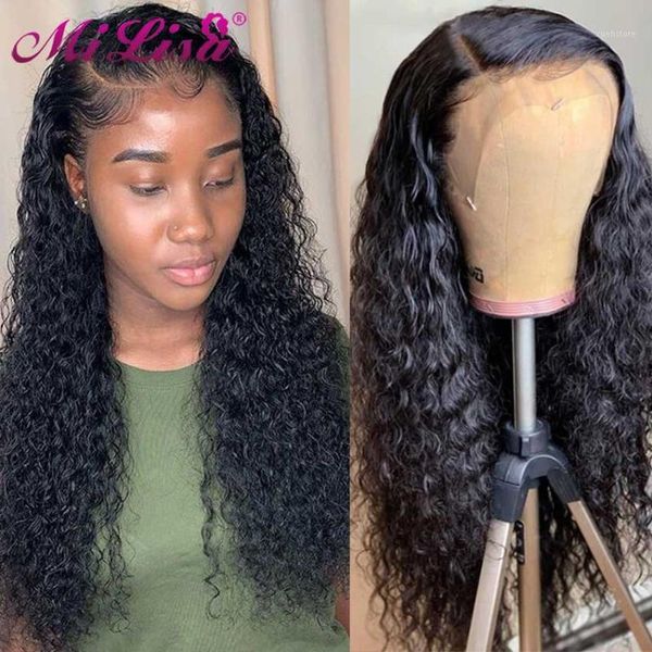 

water wave 13x4 lace front wig brazilian remy human hair wigs milisa glueless natural hairline curly closure for women1, Black;brown