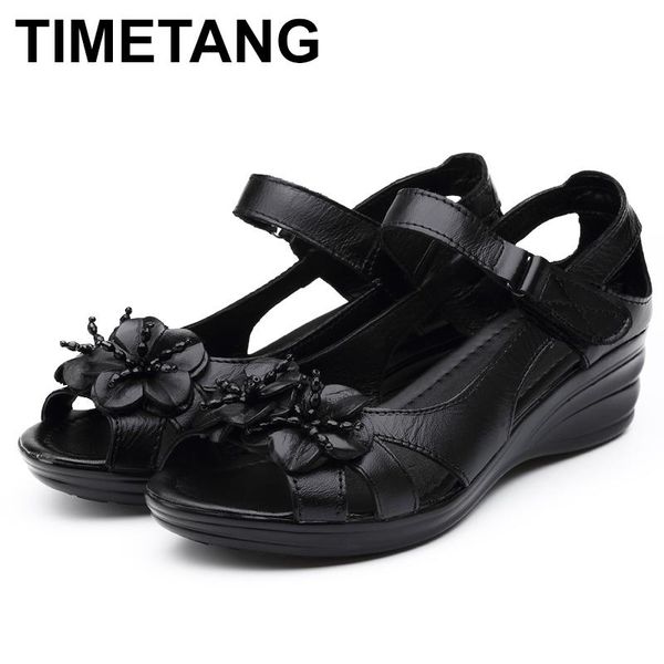 

gladiator sandals women elegant genuine cow leather wedge mid heel 4cm beaded flower ladies shoes and shoese543, Black