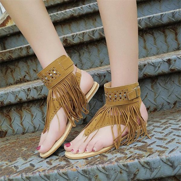 

plus size 43 flat sandals women 2021 summer shoes belt bohemian fashion fringe wild riband rubber sole sandwich toe, Black
