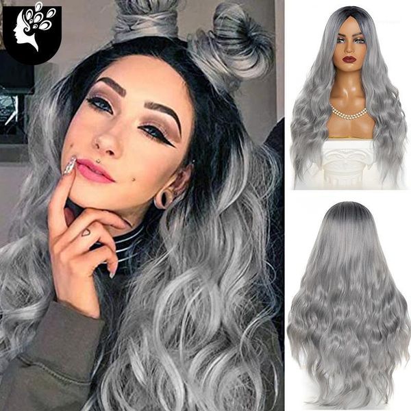 

inches long brown root ombre blonde wig synthetic natural wave wigs with bangs for black/white women1