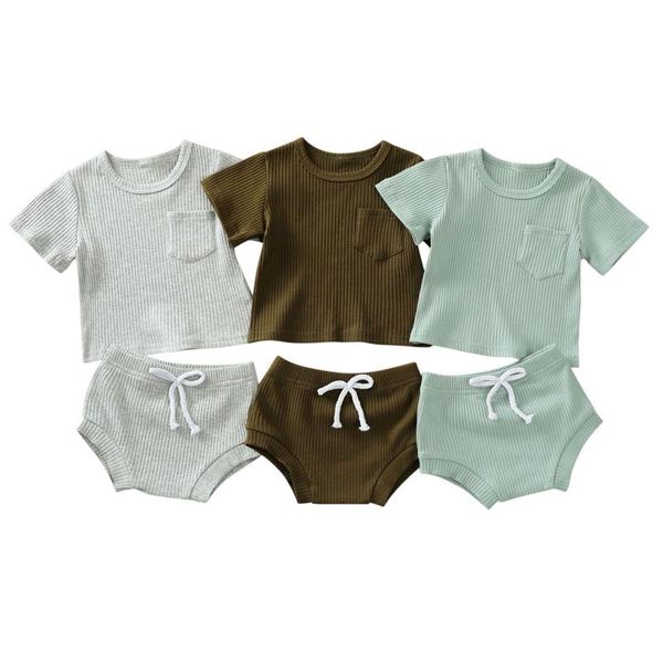 

clothing sets summer infant baby clothes solid color round neck short sleeve +shorts outfits casual soft lace-up childrens clothes#l, White