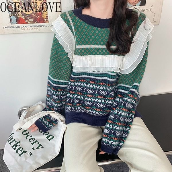 

patchwork woman sweaters print ruffles korean vintage preppy style mujer sueteres autumn winter pull femme 19306 210415, White;black