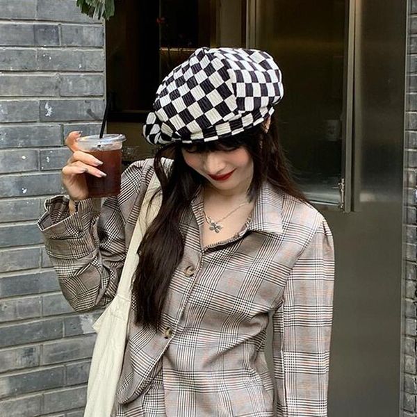

berets plaid vintage octagonal casual autumn girl cap panama women wool beret for elegant lady winter female cotton hats, Blue;gray