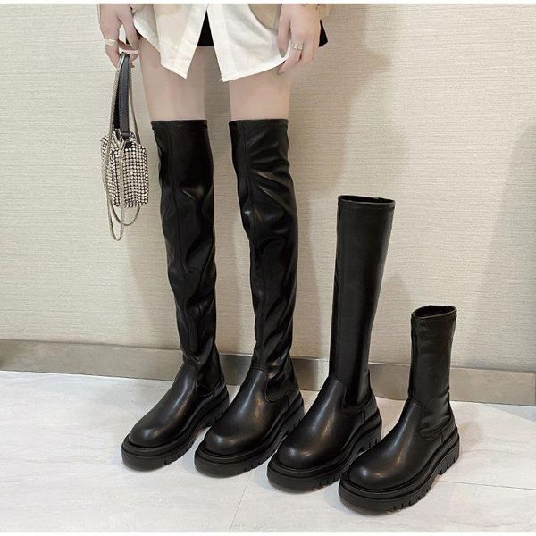 

women long boots over the knee ladies luxury fashion autumn winter shoes platform woman footwear slip on 2021, Black