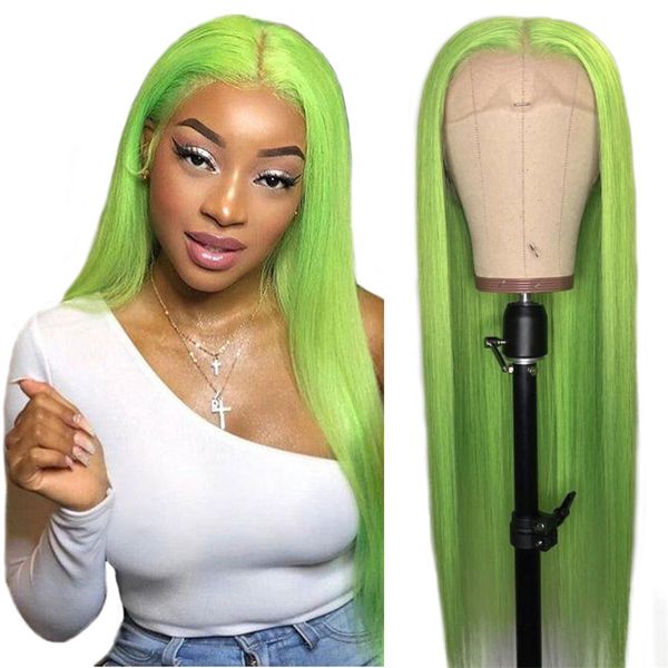 İnsan saç kaplamasız peruklar sentetik uzun düz dantel ön peruk siyah kadınlar için orta kısım yeşil/pembe/mavi/mor renk machina yapmak doğal kafa derisi renk