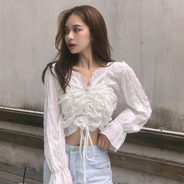 

women summer fashion all match v neck drawstring long sleeve shirt crop 2021 women's t-shirt, White