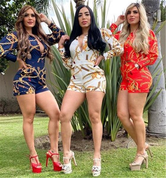 

womens chain printing v-neck romper fashion trend long sleeve cardigan buttons skinny shorts designer female high waist slim rompers j6201, Black;white