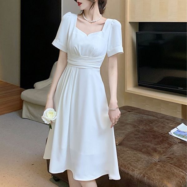 

french retro temperament white square collar party dress summer elegant puff sleeve female high waist slim a-line dresses 210518, Black;gray