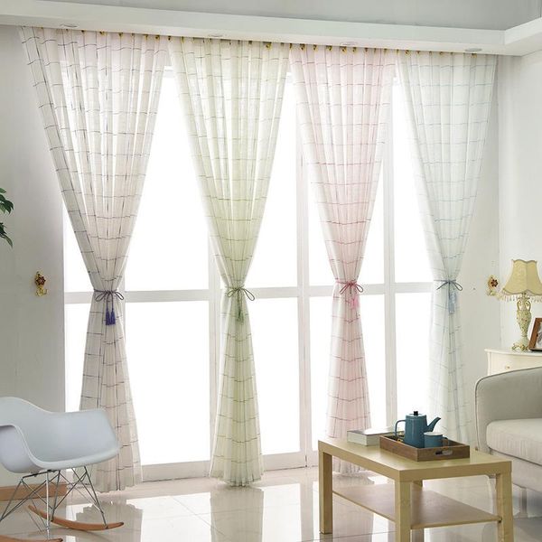 

white tulle curtain for living room thicken cotton linen plaid geometric french window treatment drapes gauze zh042c &