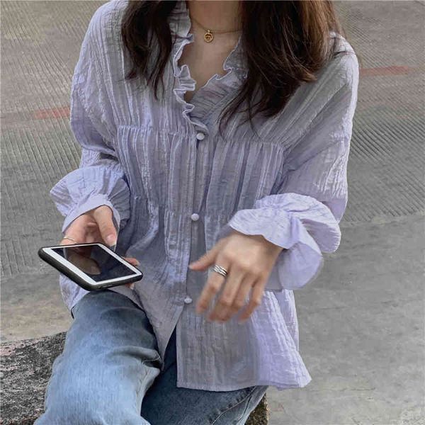 

dress fashion ruffle bubble casual autumn elegant women pleated v-neck single breasted long sleeve shirts, White