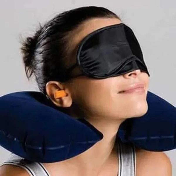 

cycling caps & masks outdoor leisure travel sambo three-piece set inflatable u-shaped pillow air pillow, eye mask, earplugs, Black