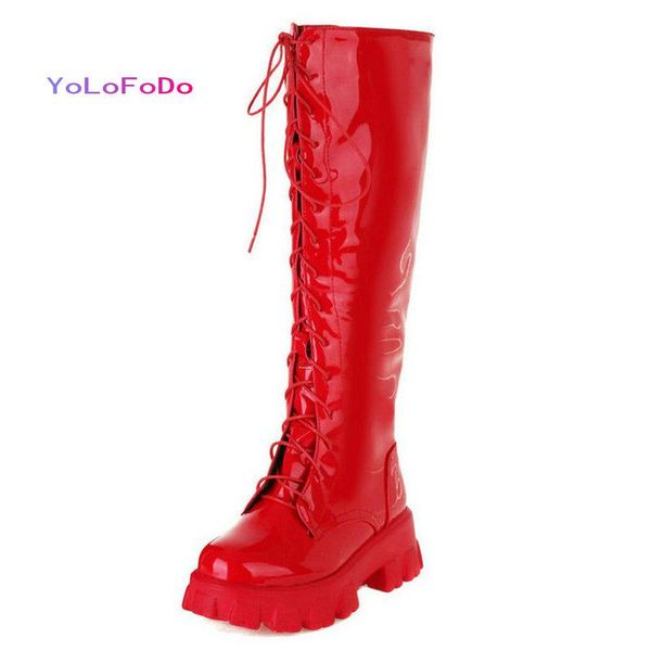 

boots black red white women knee high platform square heel ladies calf patent pu leather cross tied round toe