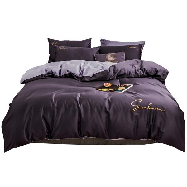 

bedding sets 2021 four-piece simple cotton double household bed sheet quilt cover embroidered piping comfortable dark purple