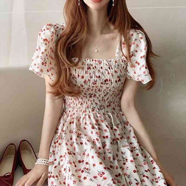 

sweet puff sleeve floral women dress print square collar mid calf summer korea chic slim womens sundresses, Black;gray