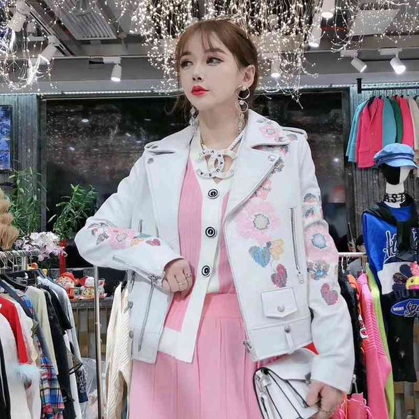 

jackets natural women lambskin embroidered bomber biker jacket long sleeves 100% sheepskin leather coat, Black;brown