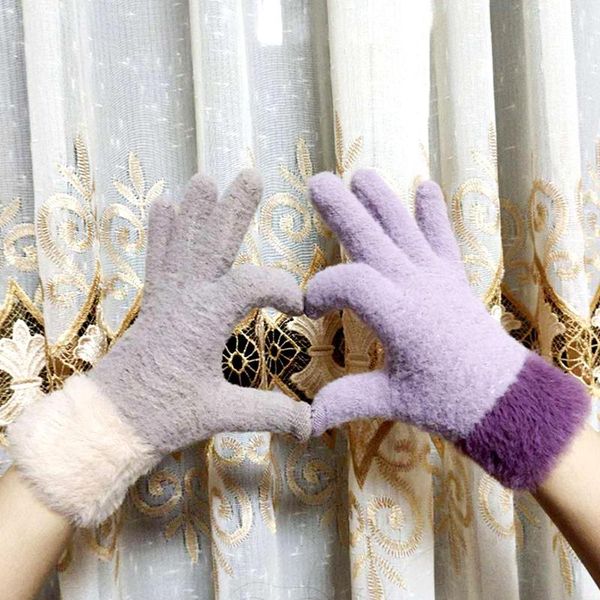 

five fingers gloves winter 1 pair women thick warm knitted touch screen full wrist mittens ladies sports protective, Blue;gray