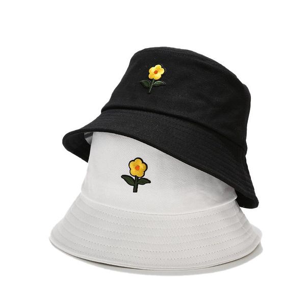 

wide brim hats makaron yellow flower embroidered fisherman's hat female summer couple sunshade tidal basin outdoor cotton bucket, Blue;gray