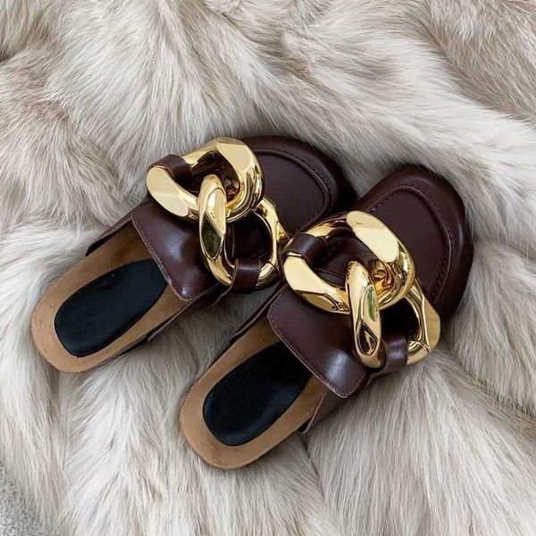 

allbitefo huge chain design natural genuine leather summer beach shoes women heels women slippers low heel shoes flip flops 210611, Black
