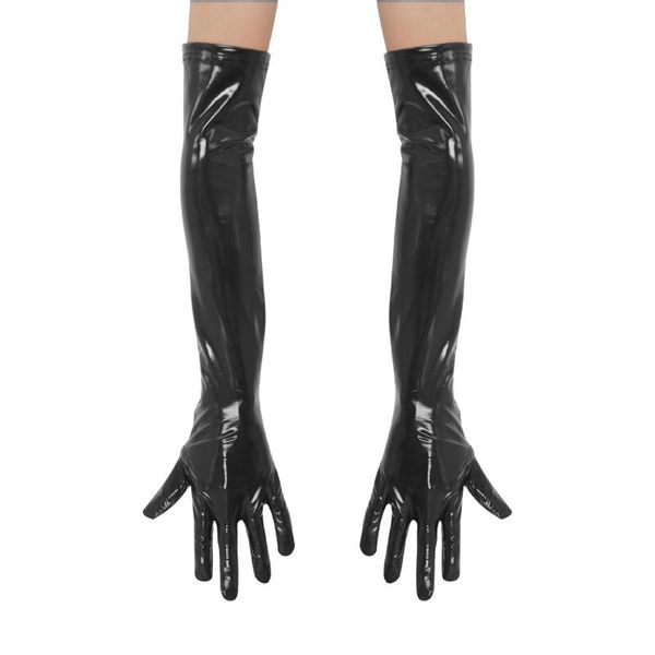

sports gloves womens pvc shiny glove latex faux leather long punk hip- jazz outfit mittens cosplay costumes accessory, Black