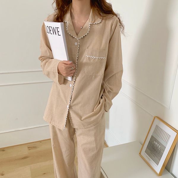 

casual dresses cute gentle chic pajamas sets plaid sweet sleepwear 2021 all match elegance warm homewear women soft home clothes 45mc, Black;gray