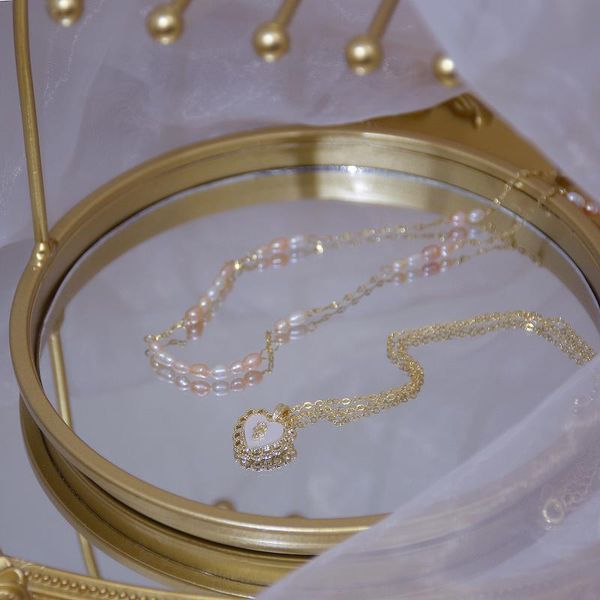 

pendant necklaces fashion natural freshwater pearl heart-shaped design two-piece clavicle chain temperament ladies necklace jewelry who, Silver