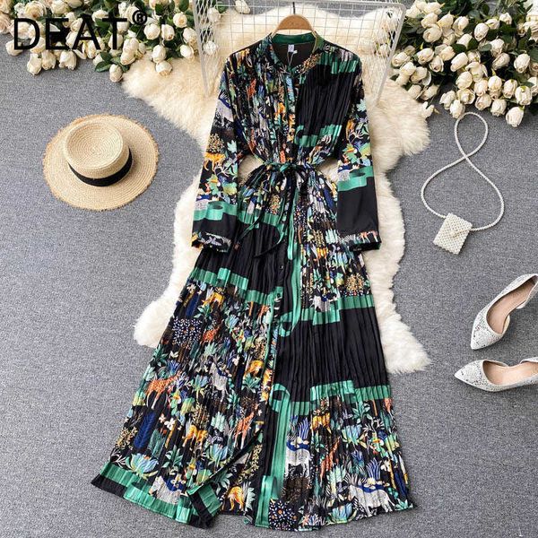 

deat women pleated printing dress stand neck long sleeve lady temperament fashion spring autumn 11d1684 210709, Black;gray