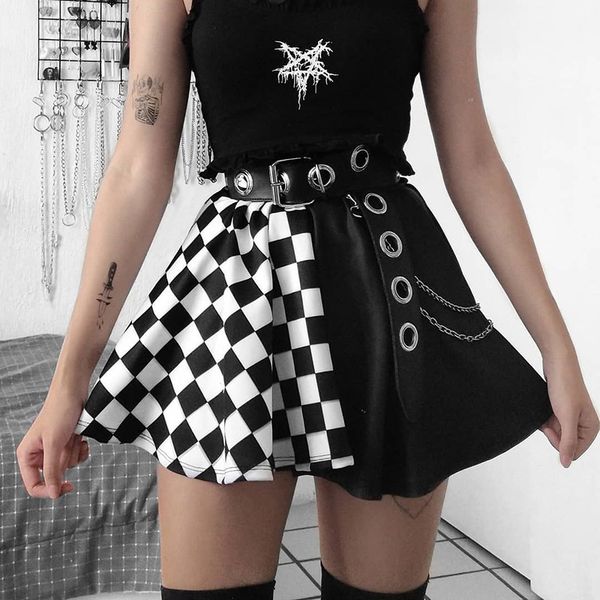 

punk skirt gothic plaid a line mini skirts harajuku streetwear plaid patchwork skirt y2k club hippie skirts, Black;gray