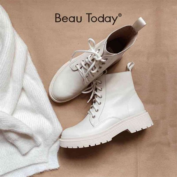 

beautoday ankle boots women genuine cow leather lace-up round toe lady booties autumn winter platform sole shoes handmade 03429 210914, Black