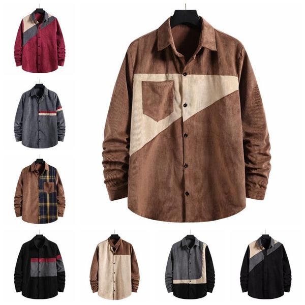 

corduroy men shirts 2021 patchwork longsleeve shirt mens fashion clothing trends casual loose business dress men's, White;black