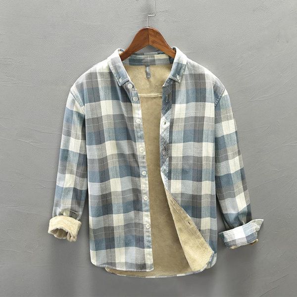 

men's casual shirts winter fashion fleece lined warm thick classical palid male long sleeve lapel cotton retro clothing, White;black