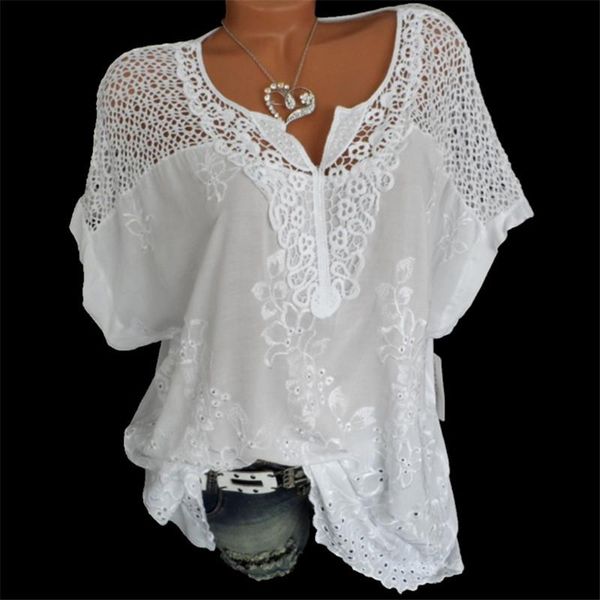 

plus size s-5xl women blouse fashion lace hollow out batwing sleeve casual floral embroidery shirts women's blouses, White