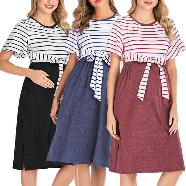 

maternity striped printed dresses spaghetti strap short sleeve breastfeeding pregnancy dress clothes, White