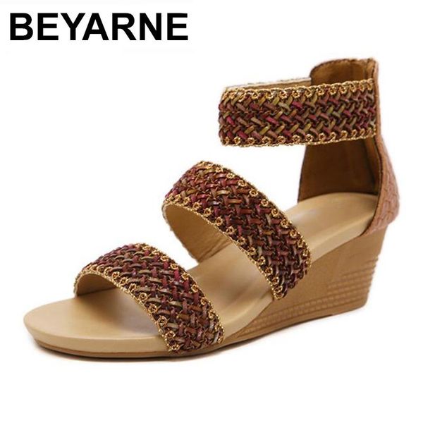 

summer weaving peep toe sandals women pu bohemia wedges retro high heels shoes woman 5.5cm wedge heel sandalia femini, Black