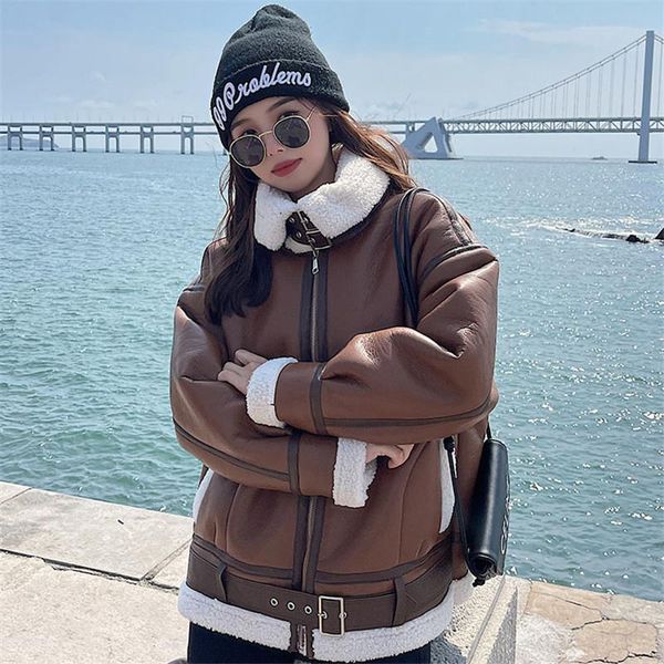 

women's leather & faux autumn and winter women suede lamb fur coat female korean loose plus velvet thick motorcycle jacket, Black