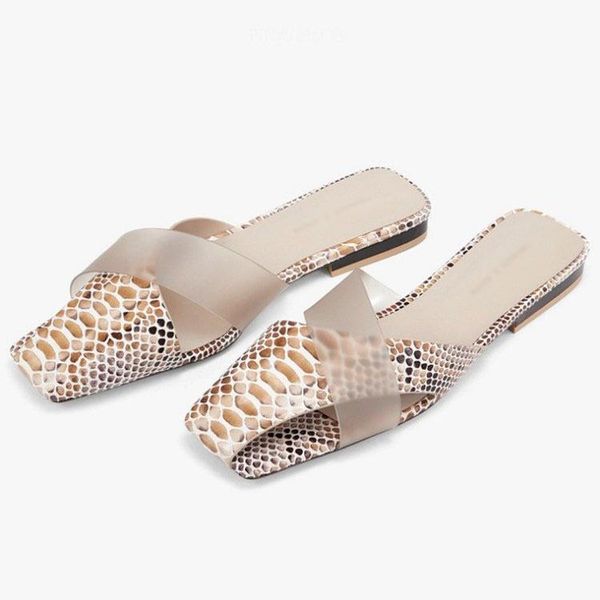 

small women's shoes flat sandals square toe asymmetric open with snake pattern rear empty closed muller fch-41 slippers, Black